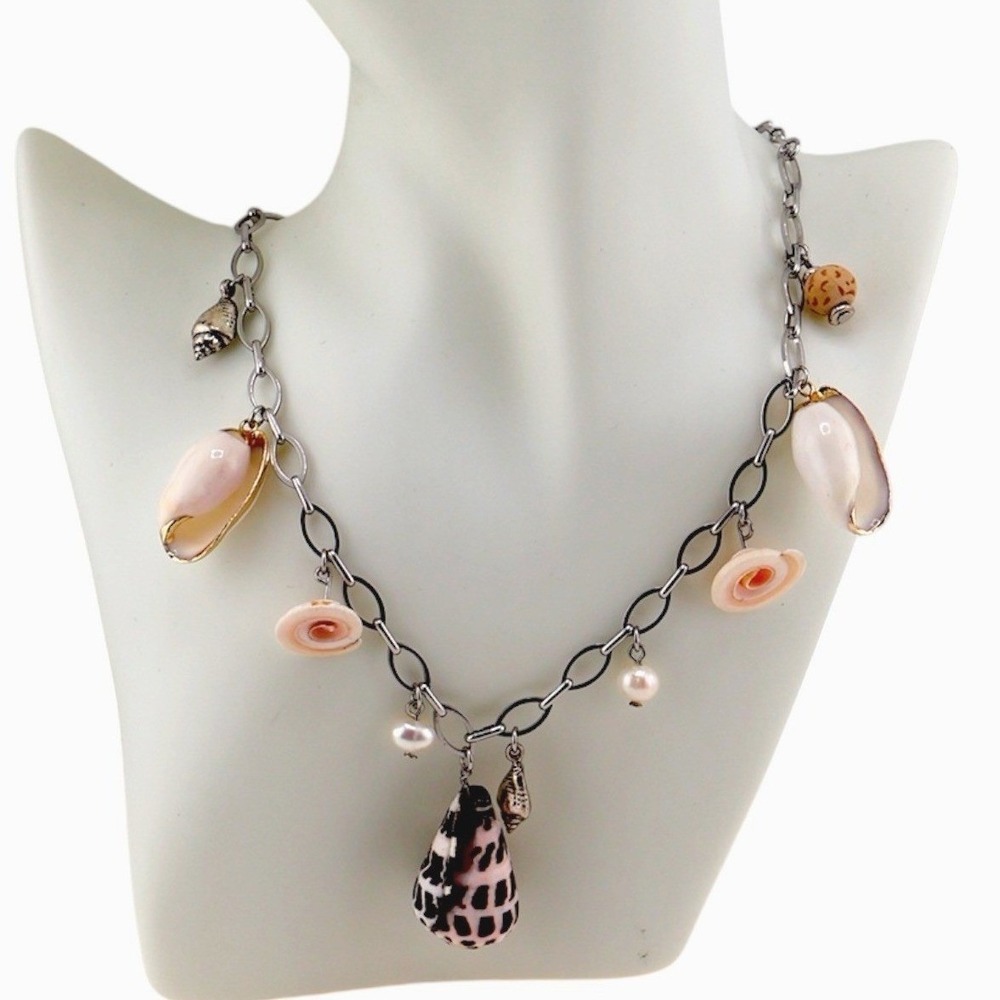 J Jill Shell Pearl Charm Necklace Cone Shell Cowrie Coastal Mermaidcore NWT